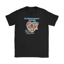 Load image into Gallery viewer, a black Gildan Womens T-Shirt featuring the German Shepherd design in the Emotional Support Human collection