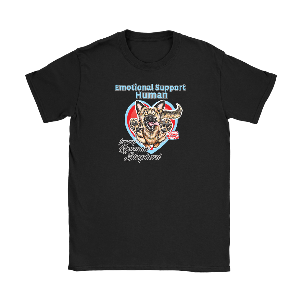 a black Gildan Womens T-Shirt featuring the German Shepherd design in the Emotional Support Human collection