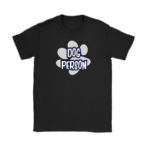 a women's black shirt for dog lovers featuring the DOG PERSON design on the front