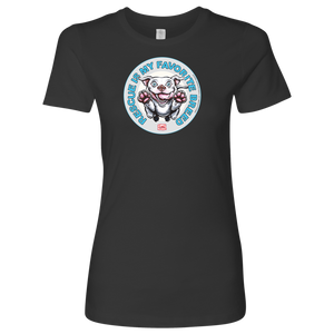 front view of a womens grey tshirt with the OMG You're Home rescue pit on the front