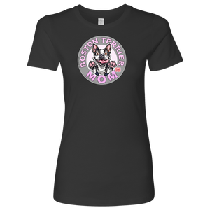 a vintage black shirt with the OMG You're Home! Boston Terrier dog Mom design on the front in pink letters