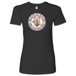 a womans dark grey tshirt with a yorkie dog drawing on the front