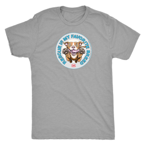 front view of a mens light grey Triblend t-shirt by Next Level featuring the original Red Nose Pitbull artwork by OMG You're Home! Part of the "Rescue is my favorite breed" collection.