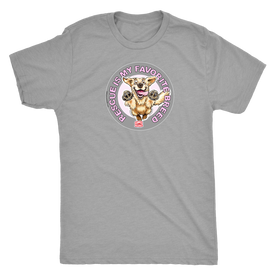 a men's light grey t-shirt featuring the original Golden Retriever dog artwork by OMG You're Home! This collection is dedicated to those of us who love and support rescues.