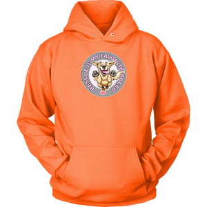 a bright orange unisex hoodie tee features the original Golden Retriever dog artwork by OMG You're Home! 