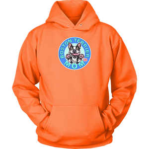 front view of a bright orange hoodie featuring the OMG Boston Terrier dog mom design in full color