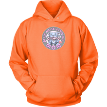 Load image into Gallery viewer, This comfy bright orange hoodie features the OMG You&#39;re Home Blue Nose Pitbull Mom design on the front in full vibrant color. 