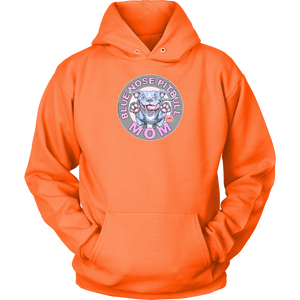 This comfy bright orange hoodie features the OMG You're Home Blue Nose Pitbull Mom design on the front in full vibrant color. 