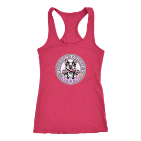 A soft coral Next Level Racerback Tank featuring the OMG You're Home Boston Terrier Dog Mom design on the front in full vibrant color. 