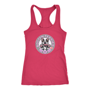 A soft coral Next Level Racerback Tank featuring the OMG You're Home Boston Terrier Dog Mom design on the front in full vibrant color. 