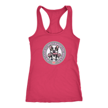 Load image into Gallery viewer, A dark pink Next Level Racerback Tank featuring the OMG You&#39;re Home! Boston Terrier design with &quot;Rescue is my favorite breed&quot;