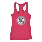 A dark pink Next Level Racerback Tank featuring the OMG You're Home! Boston Terrier design with "Rescue is my favorite breed"