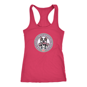 A dark pink Next Level Racerback Tank featuring the OMG You're Home! Boston Terrier design with "Rescue is my favorite breed"