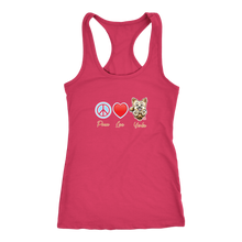 Load image into Gallery viewer, Pink Next Level Racerback Tank featuring the Peace Love Yorkie dog design from OMG You&#39;re HOME!