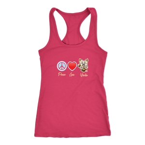 Pink Next Level Racerback Tank featuring the Peace Love Yorkie dog design from OMG You're HOME!