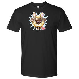 front view of a men's black t-shirt with the OMG You're Home original Fawn Frenchie artwork