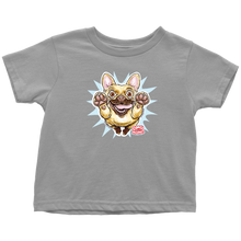 Load image into Gallery viewer, a toddler&#39;s light grey t-shirt with the original OMG You&#39;re Home Fawn Frenchie dog design on the front in full color