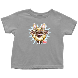 a toddler's light grey t-shirt with the original OMG You're Home Fawn Frenchie dog design on the front in full color