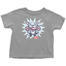 Load image into Gallery viewer, a toddler&#39;s light grey t-shirt with the Blue Nose Pit Bull design by OMG You&#39;re Home on the front in full vibrant color