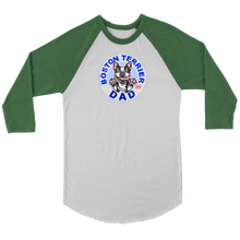 Load image into Gallery viewer, a green and white 3/4 sleeve jersey with the OMG You&#39;re Home! Boston Terrier dog Dad design on the front 