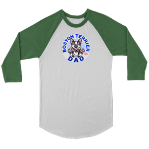 a green and white 3/4 sleeve jersey with the OMG You're Home! Boston Terrier dog Dad design on the front 