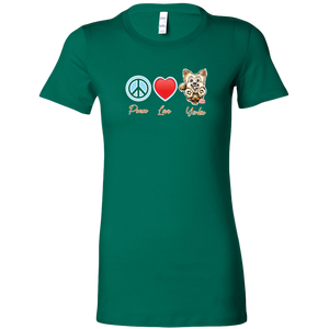 green Bella Womens Shirt featuring the Peace Love Yorkie dog design from OMG You're HOME!