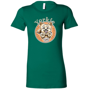 a womans green tshirt with a yorkshire terrier dog drawing on the front