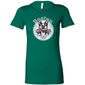 a woman's green shirt with a Boston Terrier dog design by OMG You're Home