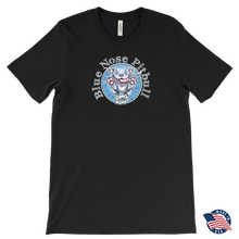 Load image into Gallery viewer, front view of a men&#39;s tshirt in black featuring the OMG blue nose pitbull  design on the front