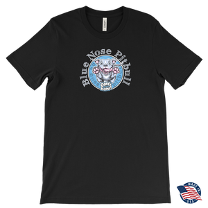 front view of a men's tshirt in black featuring the OMG blue nose pitbull  design on the front