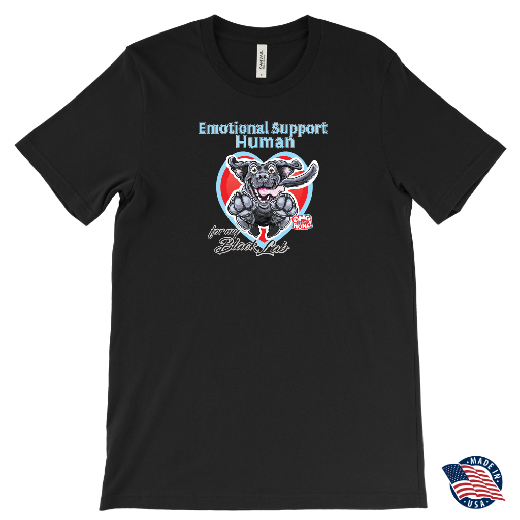 A black Canvas brand made in the U.S.A. Mens T-Shirt for dog lovers featuring the Black Labrador Retriever in the Emotional Support Human collection