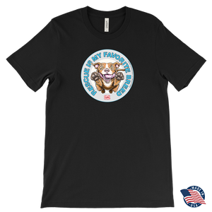 Front view of a mens black T-Shirt by Canvas featuring the original Red Nose Pitbull artwork by OMG You're Home! Part of the "Rescue is my favorite breed" collection.