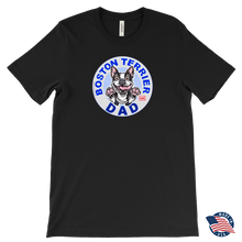 Load image into Gallery viewer, a men&#39;s black tee featuring the original Boston Terrier dog dad design on the front by OMG You&#39;re Home!