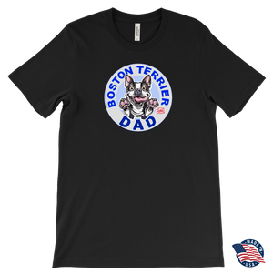 a men's black tee featuring the original Boston Terrier dog dad design on the front by OMG You're Home!