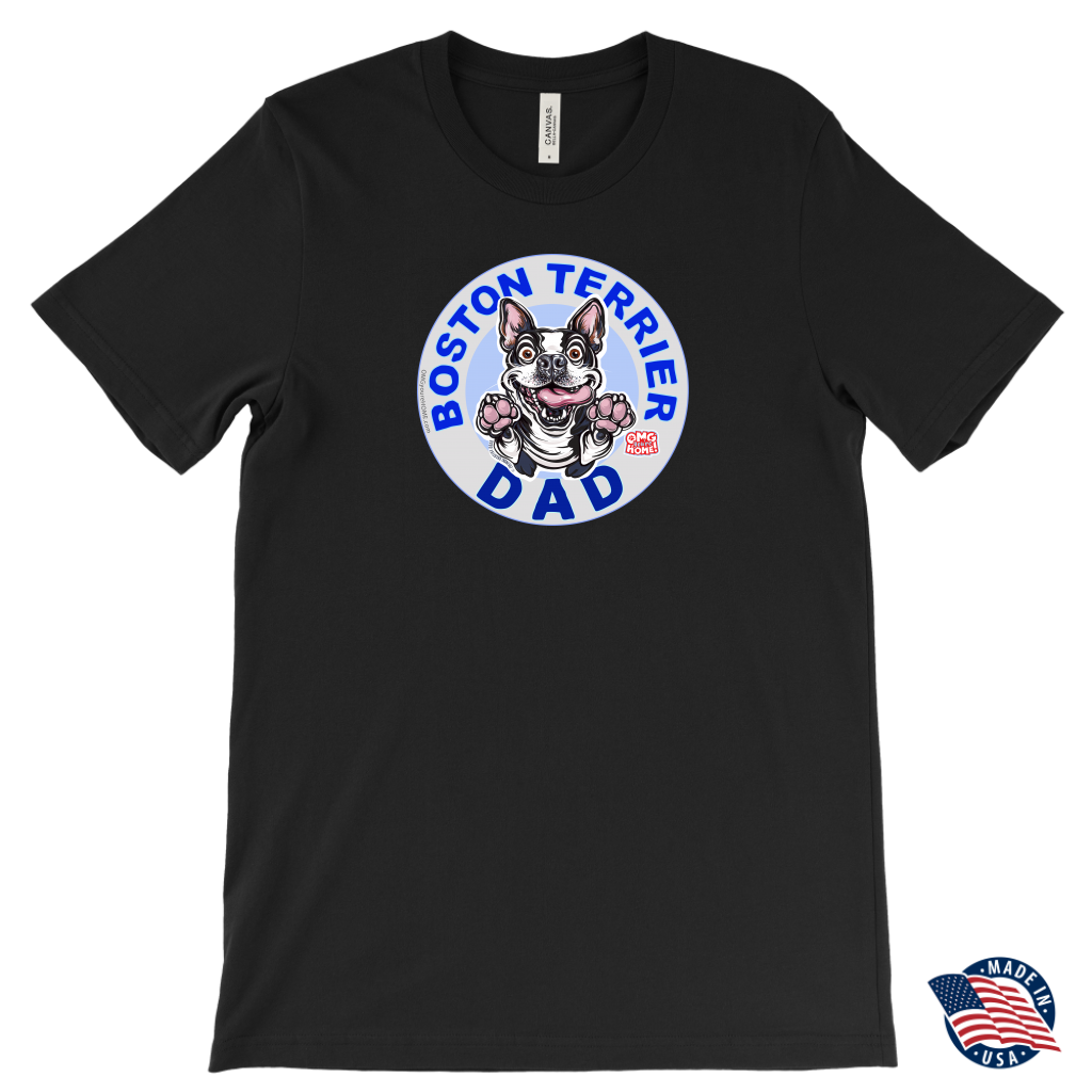 a men's black tee featuring the original Boston Terrier dog dad design on the front by OMG You're Home!