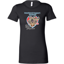 Load image into Gallery viewer, a womens black  shirt featuring the original German Shepherd dog artwork by OMG You&#39;re HOME! The text &quot;Emotional Support Human&quot; appears above the design in light blue letters. 