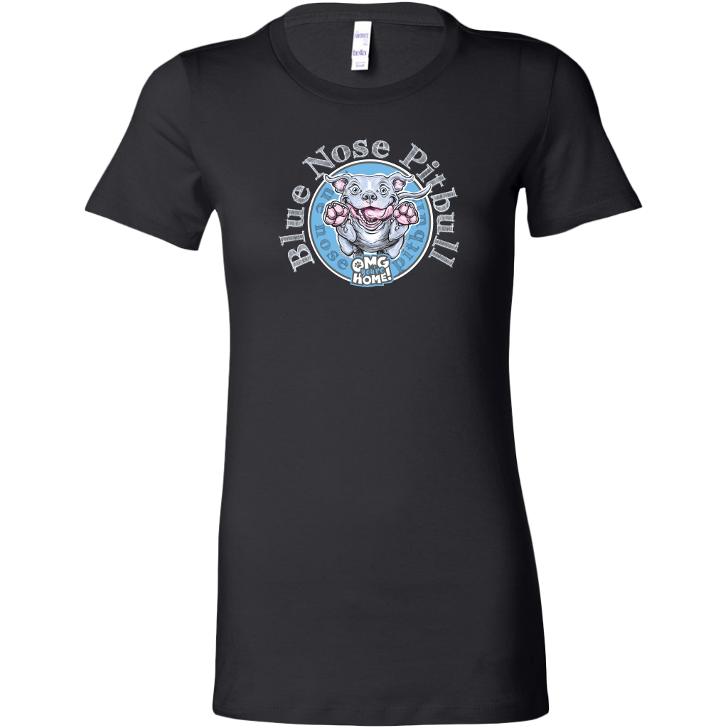 a women's black shirt with the Blue Nose pitbull design on the front