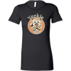 a womans black tshirt with a yorkshire terrier dog drawing on the front