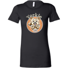 a womans black tshirt with a yorkshire terrier dog drawing on the front