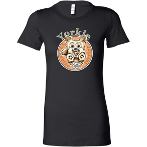 a womans black tshirt with a yorkshire terrier dog drawing on the front