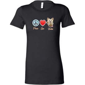 black Bella Womens Shirt featuring the Peace Love Yorkie dog design from OMG You're HOME!