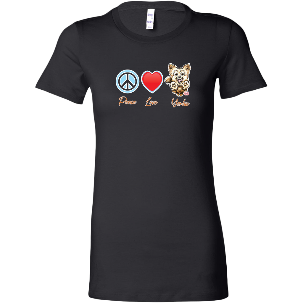 black Bella Womens Shirt featuring the Peace Love Yorkie dog design from OMG You're HOME!