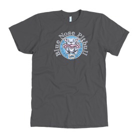 The front view of a men's grey t-shirt featuring the OMG blue nose pit bull design on the front in full color