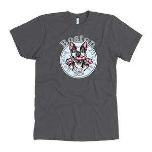 Grey American Apparel dog t-shirt featuring the Boston Terrier dog design by OMG You're Home