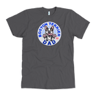 A men's grey t-shirt featuring the original OMG You're Home Boston Terrier dog design on the front