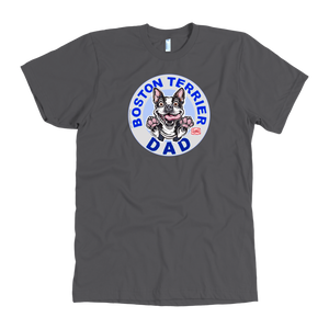 A men's grey t-shirt featuring the original OMG You're Home Boston Terrier dog design on the front