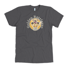 Load image into Gallery viewer, a mens grey happy dog t-shirt featuring the original Golden Retriever artwork by OMG You&#39;re Home on the front