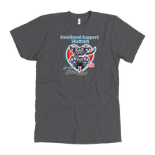 Load image into Gallery viewer, a grey OMG You&#39;re Home t-shirt featuring the Emotional Support Human for my Black Lab design on the front in full color