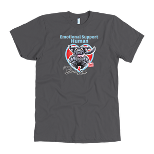 a grey OMG You're Home t-shirt featuring the Emotional Support Human for my Black Lab design on the front in full color