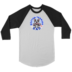 a white 3/4 sleeve jersey with the OMG You're Home! Boston Terrier dog Dad design on the front 